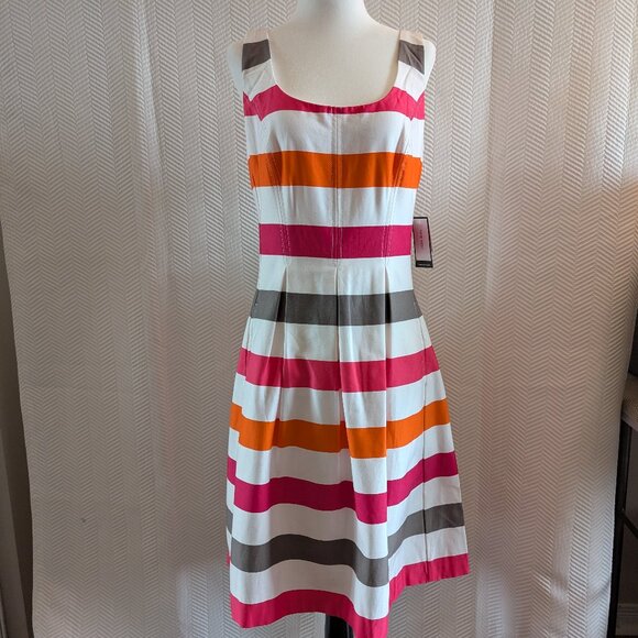 NWT Nine West Striped Summer Dress White Orange Pink Cotton Size 8 Fit & Flare - Picture 1 of 16